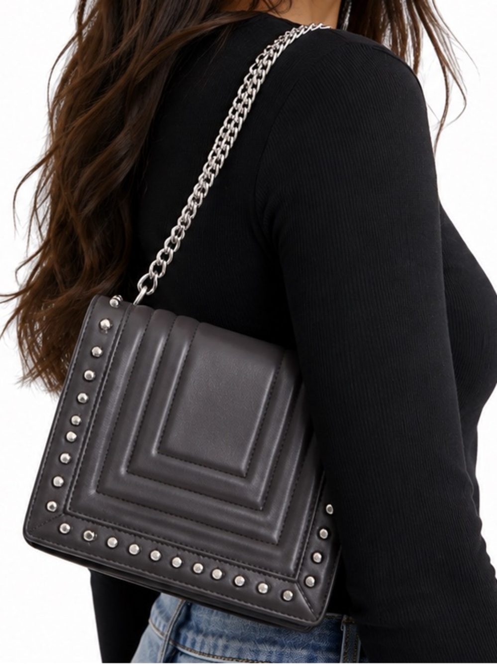 NEW - LUANA Italy “Devon Mini Crossbody” Grey Silver Studded Chain Leather Purse - Picture 2 of 7